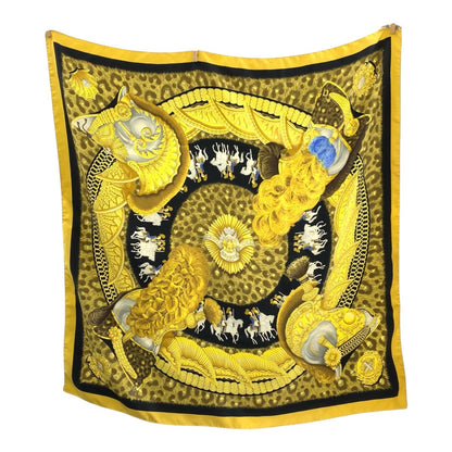 Hermes Scarf Silk Yellow Black Casques Et Plumets Carre90