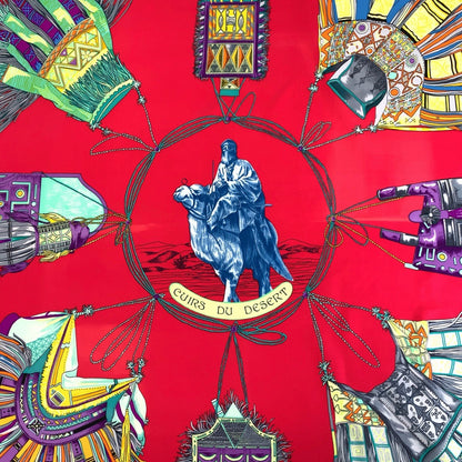 Hermes Scarf Silk Red Blue Multi Color Scarf Large Scarf Cuirs Du Desert Carre90 Women