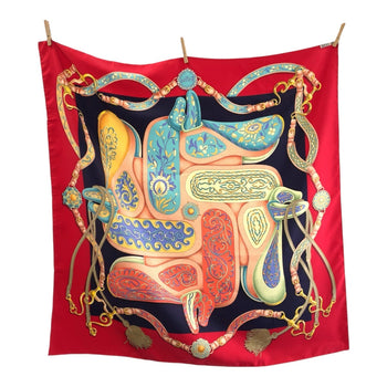 Hermes Scarf Silk Red Multicolor Scarf Large Scarf Festival Carre90 Women