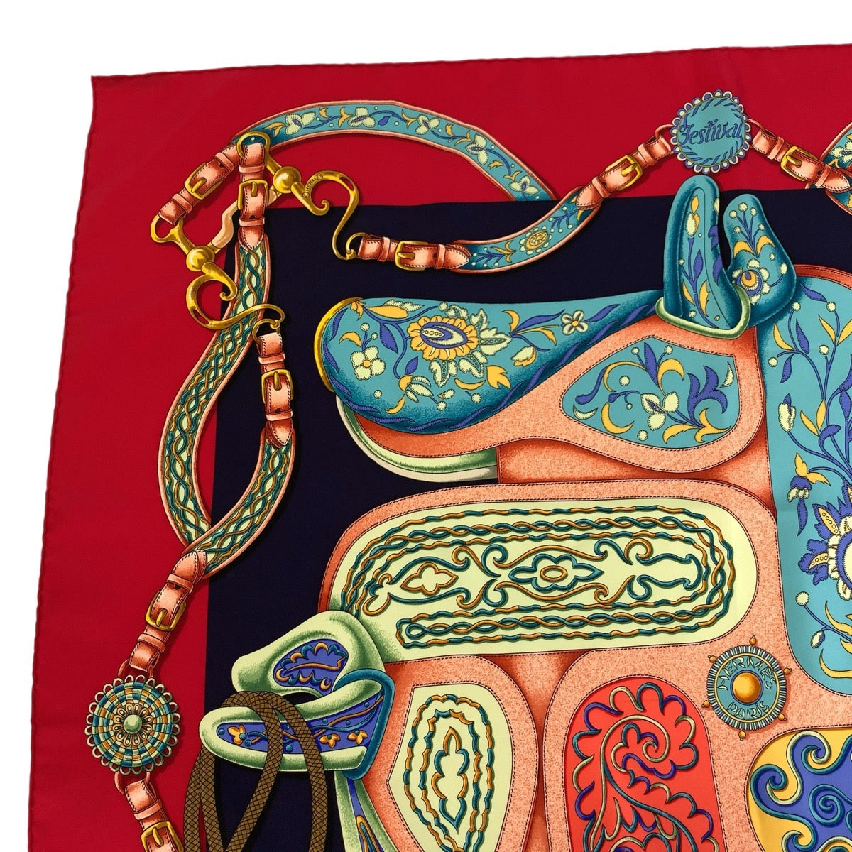 Hermes Scarf Silk Red Multicolor Scarf Large Scarf Festival Carre90 Women