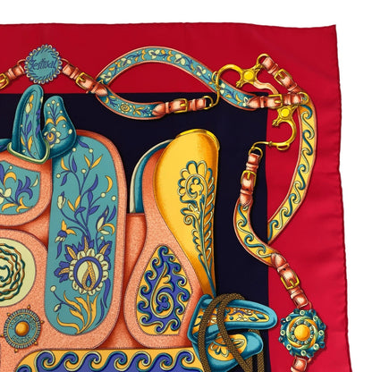 Hermes Scarf Silk Red Multicolor Scarf Large Scarf Festival Carre90 Women