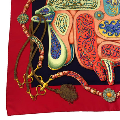 Hermes Scarf Silk Red Multicolor Scarf Large Scarf Festival Carre90 Women
