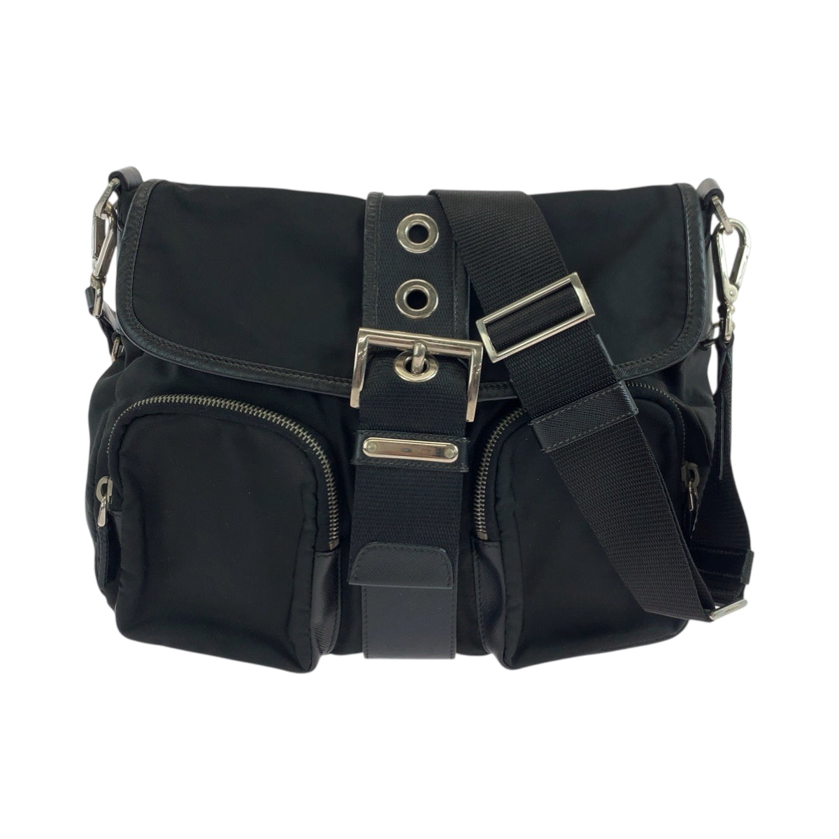 Prada Shoulder Bag Nylon Black Silver Metal Test Triangle With Logo