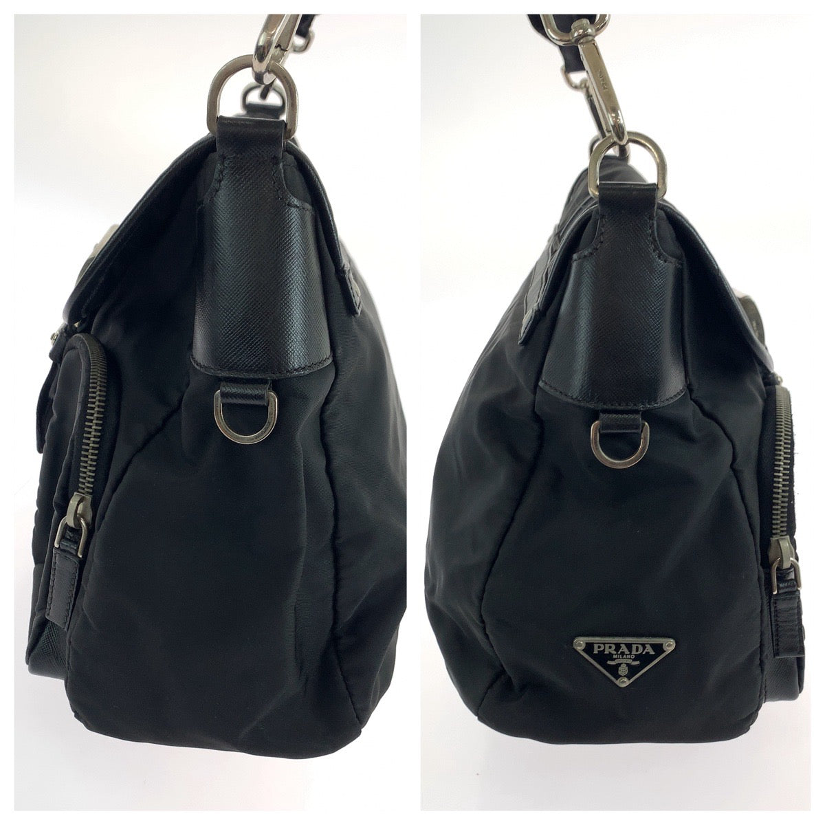 Prada Shoulder Bag Nylon Black Silver Metal Test Triangle With Logo