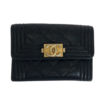 Chanel Tri-Fold Wallet Caviar Skin Black Goldmetal Folding Wallet Compact Wallet Boy Chanel Small