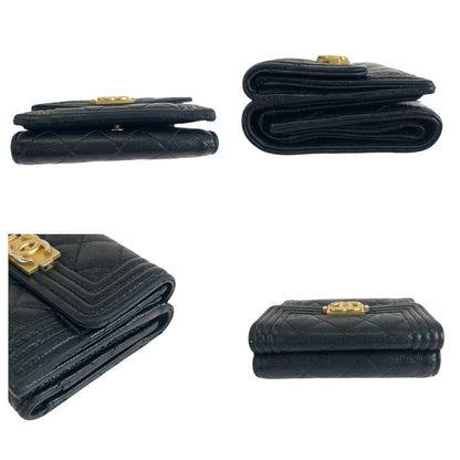 Chanel Tri-Fold Wallet Caviar Skin Black Goldmetal Folding Wallet Compact Wallet Boy Chanel Small