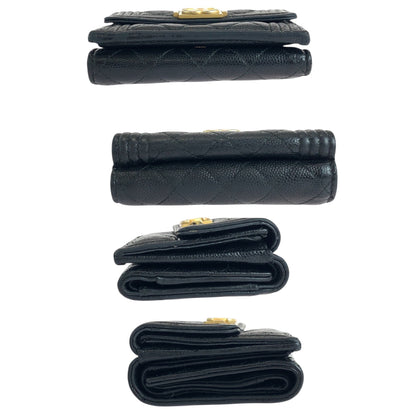 Chanel Tri-Fold Wallet Caviar Skin Black Goldmetal Folding Wallet Compact Wallet Boy Chanel Small