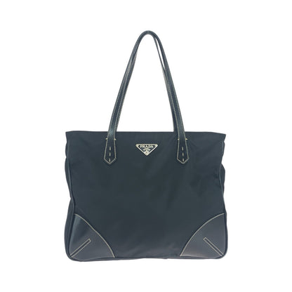 Prada Tote Bag Nylon Black Silver Metal Test Triangle With Logo