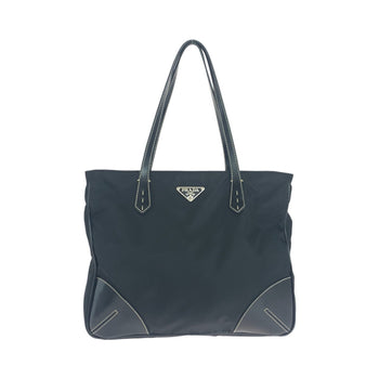 Prada Tote Bag Nylon Black Silver Metal Test Triangle With Logo