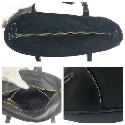 Prada Tote Bag Nylon Black Silver Metal Test Triangle With Logo