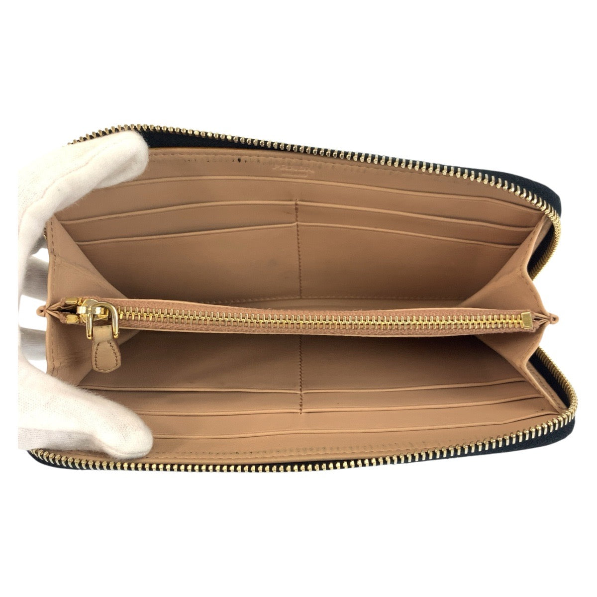 Prada Long Wallet Purse Leather Black Gold Metal Logo