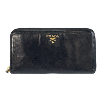 Prada Long Wallet Purse Leather Black Gold Metal Logo
