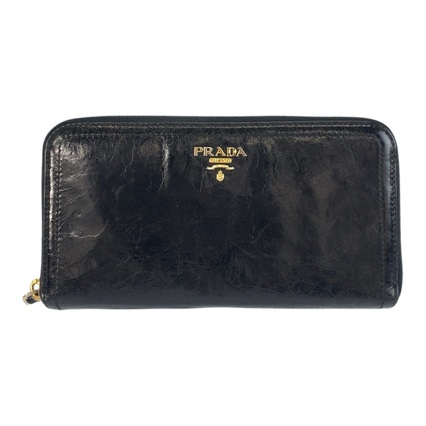 Prada Long Wallet Purse Leather Black Gold Metal Logo