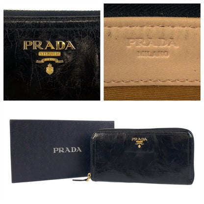 Prada Long Wallet Purse Leather Black Gold Metal Logo