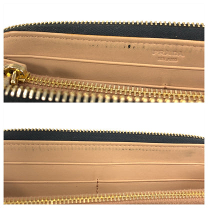 Prada Long Wallet Purse Leather Black Gold Metal Logo