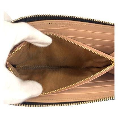 Prada Long Wallet Purse Leather Black Gold Metal Logo