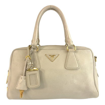 Prada Handbag Leather Beige Ivory Gold Metal Vitterodino Triangle With Logo