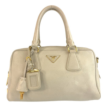 Prada Handbag Leather Beige Ivory Gold Metal Vitterodino Triangle With Logo