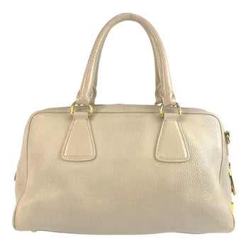 Prada Handbag Leather Beige Ivory Gold Metal Vitterodino Triangle With Logo