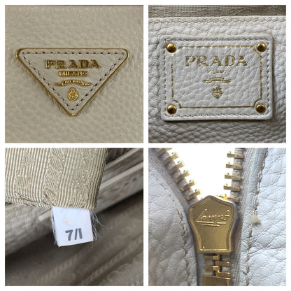 Prada Handbag Leather Beige Ivory Gold Metal Vitterodino Triangle With Logo