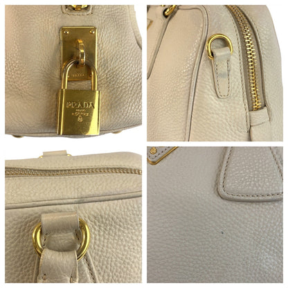 Prada Handbag Leather Beige Ivory Gold Metal Vitterodino Triangle With Logo