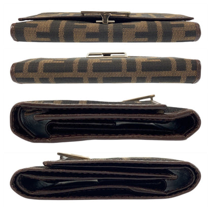 Fendi Tri-Fold Wallet 07-15829/0-012 Canvas Brown Silver Metal Folding Wallet Compact Wallet Zucca
