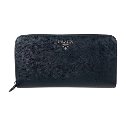 Prada Long Wallet Purse Leather Black Silvermetal Safiano Logo