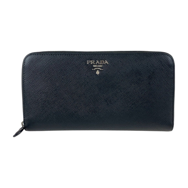 Prada Long Wallet Purse Leather Black Silvermetal Safiano Logo
