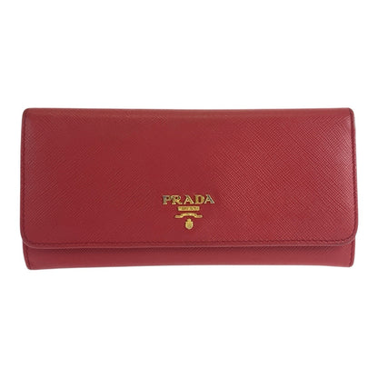 Prada Long Wallet Purse Leather Red Gold Metal Safiano Logo
