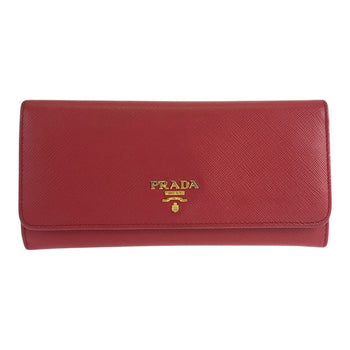 Prada Long Wallet Purse Leather Red Gold Metal Safiano Logo