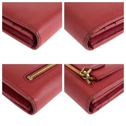 Prada Long Wallet Purse Leather Red Gold Metal Safiano Logo