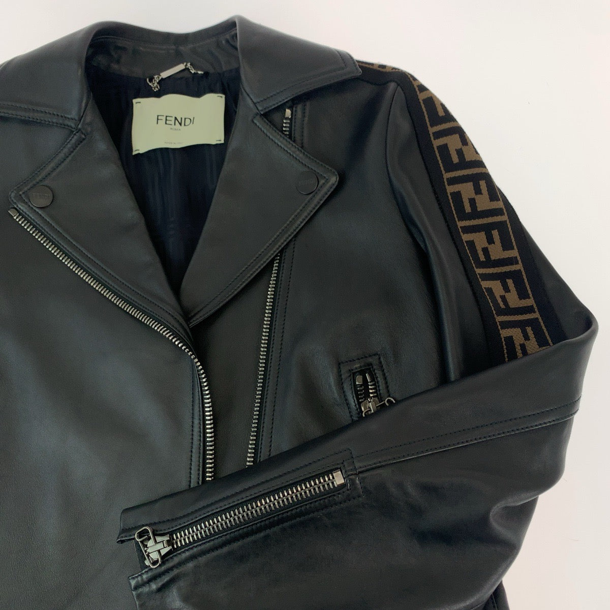 Fendi Riders Jacket Lambskin Black Zucca Pattern 36
