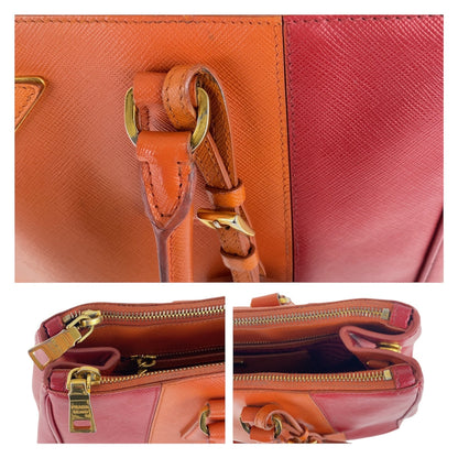 Prada Handbag Leather Orange Red Bicolor Gold Metal Safiano Triangle With Logo