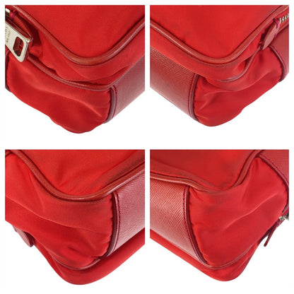 Prada Shoulder Bag Nylon Red Silver Metal Testo Saffiano Triangle With Logo