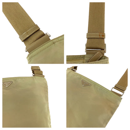 Prada Shoulder Bag Bt0175 Nylon Beige Silvermetal Test Triangle With Logo