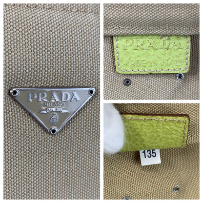 Prada Tote Bag Canvas Beige Green Silvermetal Triangle With Logo