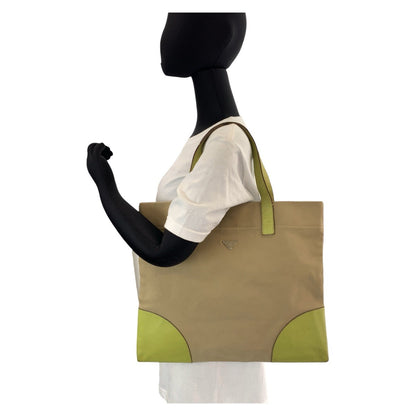 Prada Tote Bag Canvas Beige Green Silvermetal Triangle With Logo
