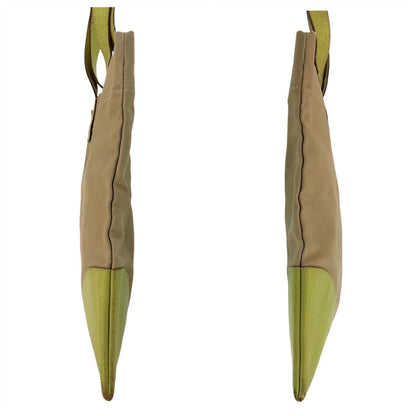 Prada Tote Bag Canvas Beige Green Silvermetal Triangle With Logo