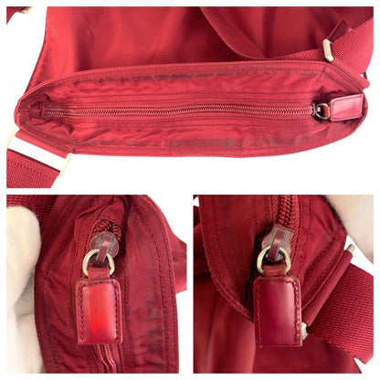 Prada Shoulder Bag Nylon Wine Red Red Silver Metal Test Triangle With Logo