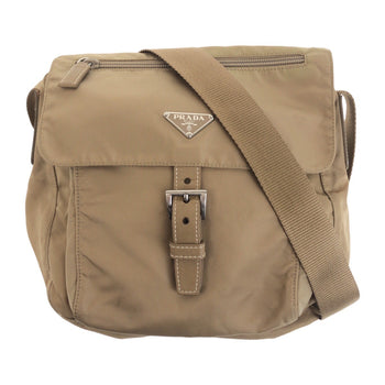 Prada Shoulder Bag Nylon Beige Silvermetal Test Triangle With Logo
