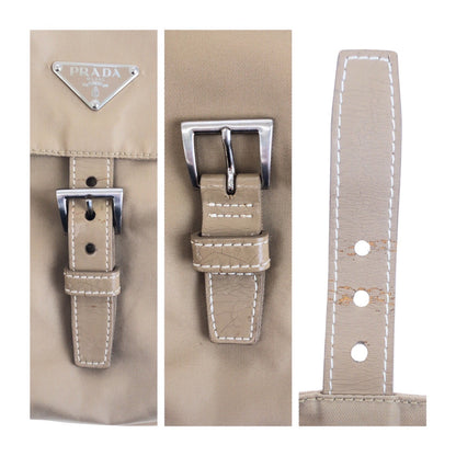 Prada Shoulder Bag Nylon Beige Silvermetal Test Triangle With Logo
