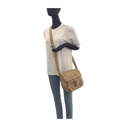 Prada Shoulder Bag Nylon Beige Silvermetal Test Triangle With Logo