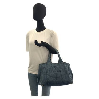 Prada Tote Bag Canvas Blue Goldmetal Canapa