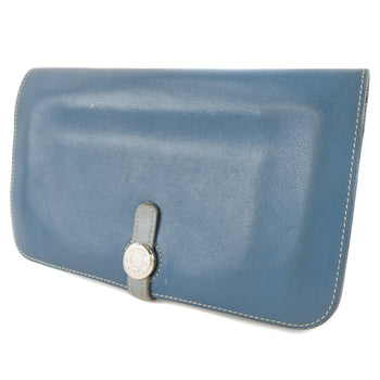 Hermes Long Wallet Purse Calfskin Blue Dogon Unisex(Unisex)