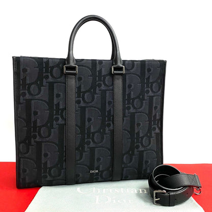 Dior Tote Bag Leather, Canvas Black Trotter Pattern East West Mens