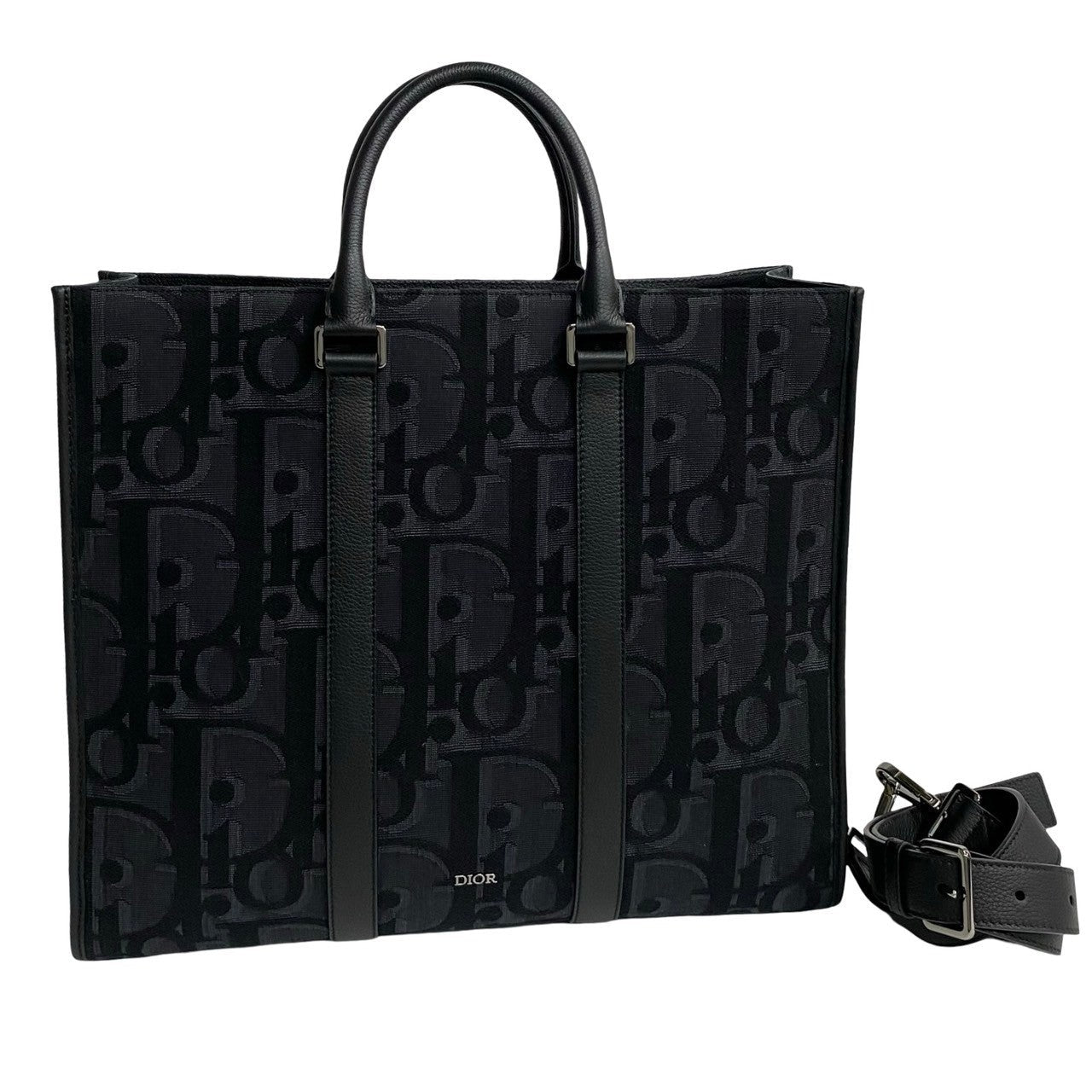 Dior Tote Bag Leather, Canvas Black Trotter Pattern East West Mens