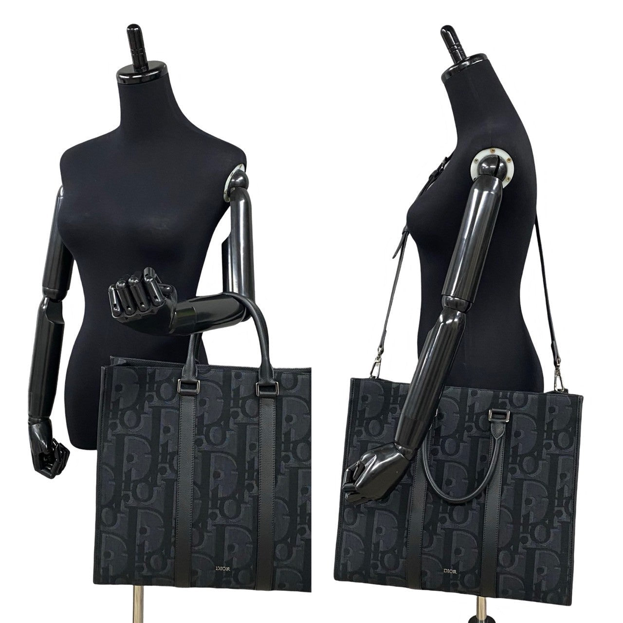 Dior Tote Bag Leather, Canvas Black Trotter Pattern East West Mens