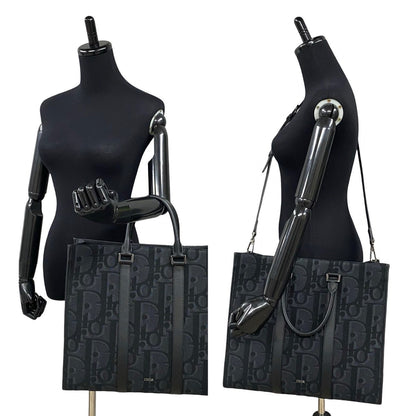 Dior Tote Bag Leather, Canvas Black Trotter Pattern East West Mens