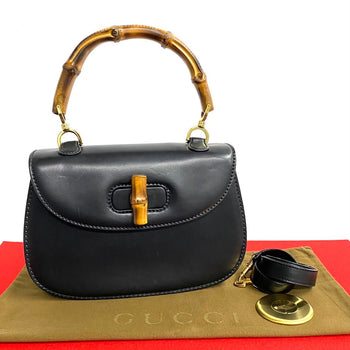 Gucci Shoulder Bag Bamboo, Leather Black Turn Lock Bamboo Women