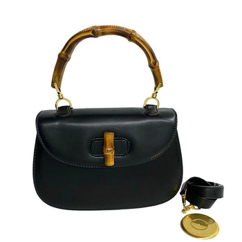Gucci Shoulder Bag Bamboo, Leather Black Turn Lock Bamboo Women